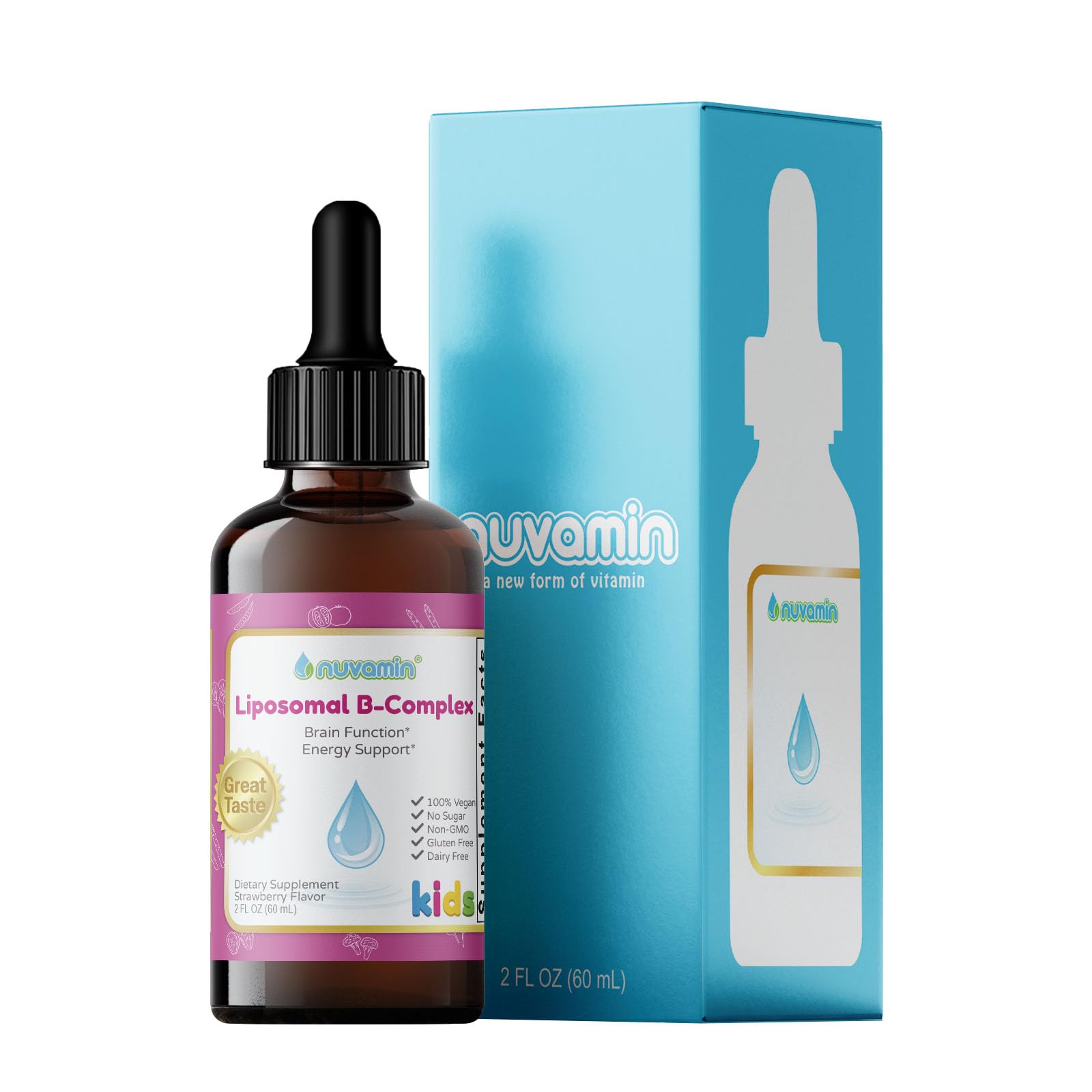 Nuvamin – Liquid Liposomal Vitamin B Drops for Kid, Toddler, Baby & Adult, 2Fl.Oz (60ml), 120 Daily Serving. B1-3, B5-7, B9(L-5-MTHF), B12. Great Taste - Natural – 3rd Party Tested, Strawberry Flavor