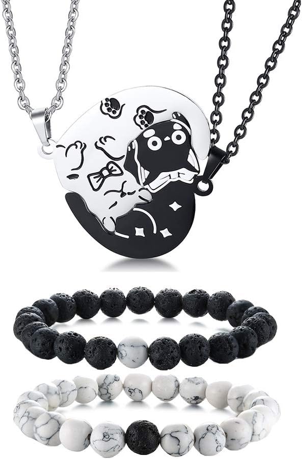 XUANPAI Christmas Gifts Matching Couple Yin Yang Pet Matching Cute Cat Puzzle Necklace Dog Tag Pendant Distance Beads Bracelet(Cat Necklace+Bracelet)