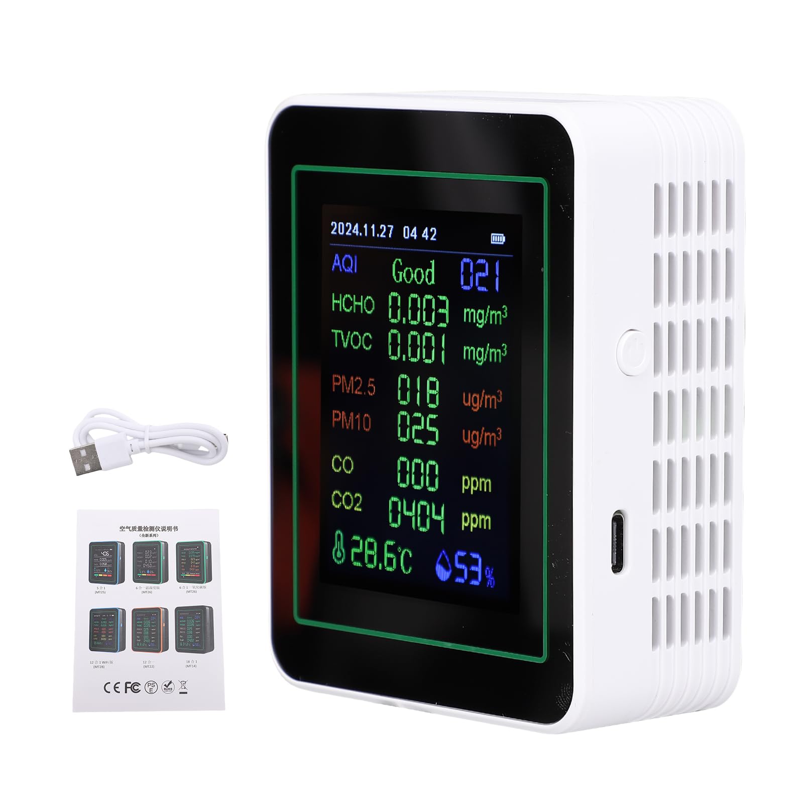 Cocoarm Misuratore di qualità dell'aria per Interni con Schermo TFT da 2,8 Pollici Sensore di qualità dell'aria Portatile 12 in 1 CO2 PM2.5 TVOC Monitor CO con umidità della Temperatura per Casa,