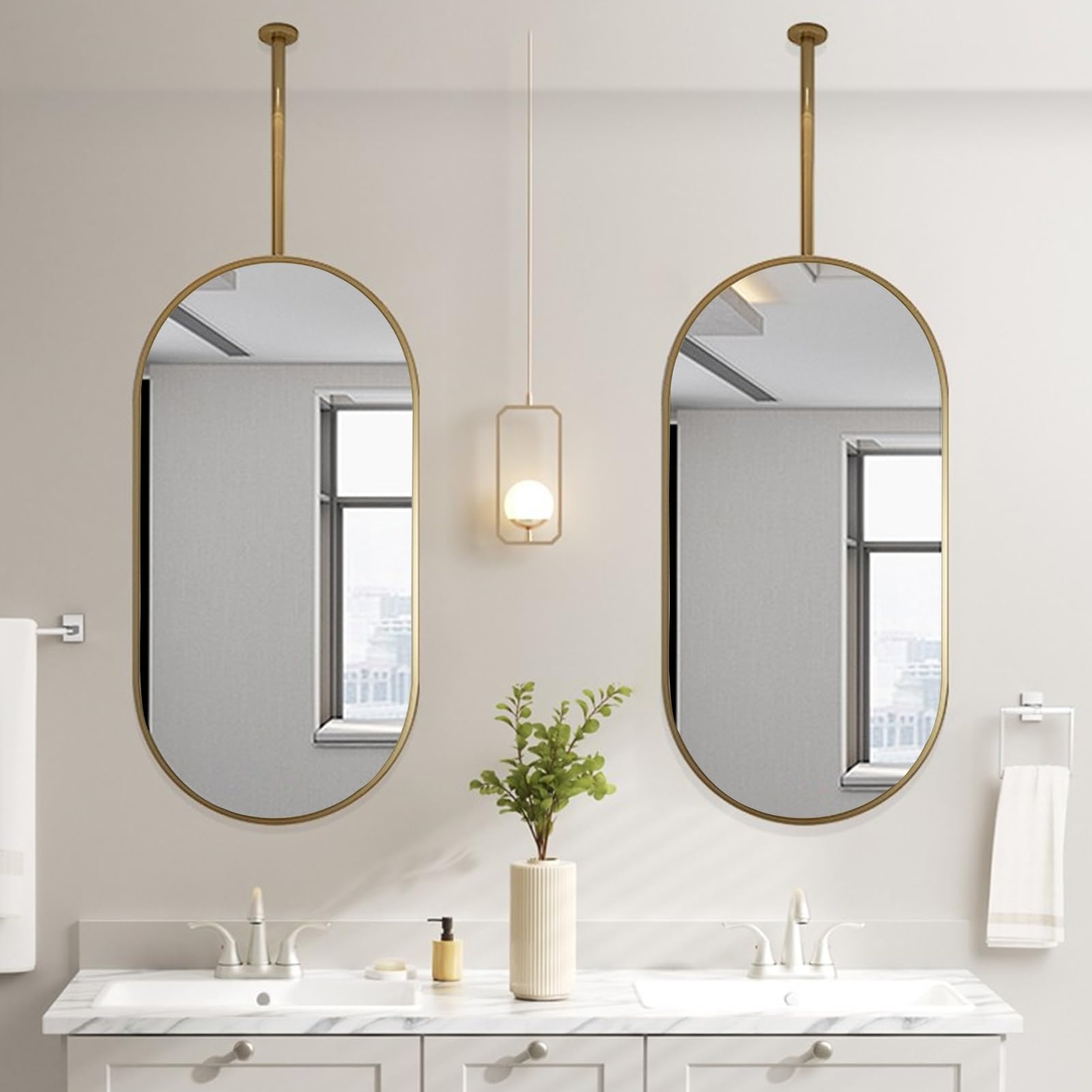 BKSXSOP Oval Ceiling Hanging Floating Bathroom Mirror, Vanity Make-up Shaving Mirrors with Gold Metal Frame, HD Glass and Customizable Double Rods (Size : 50cmx70cm)