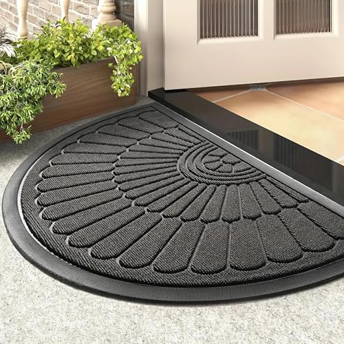 Image of Semicircular Durable Rubber Non Slip Front Door Mat for Outside Inside Entry Entryway | Dirt Trapper Welcome Mat for Muddy Paws and Shoes, Grey, 45x75 cm