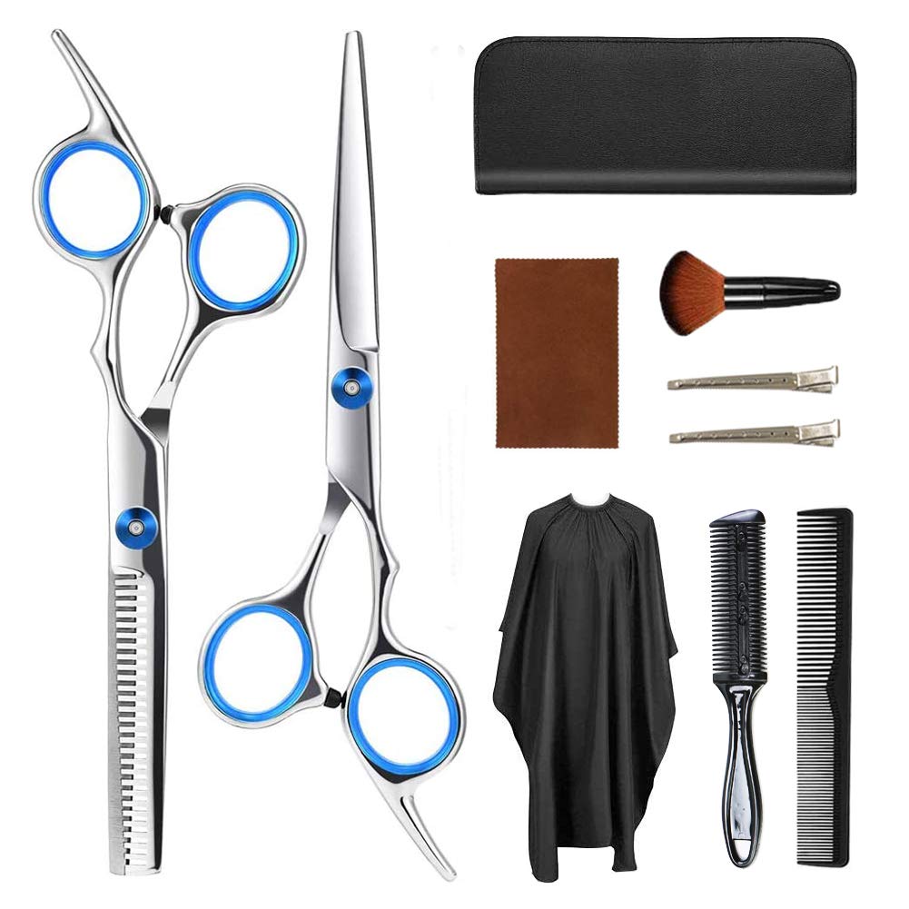 Professional Hairdressing Scissors Set - 10 PCS Hair Cutting Kits Stainless Steel Thinning Haircut Hairdresser Scissor, Barber/Salon/Home Use, with Comb, Clips, Cape, Brush, for Children, Men, Women
