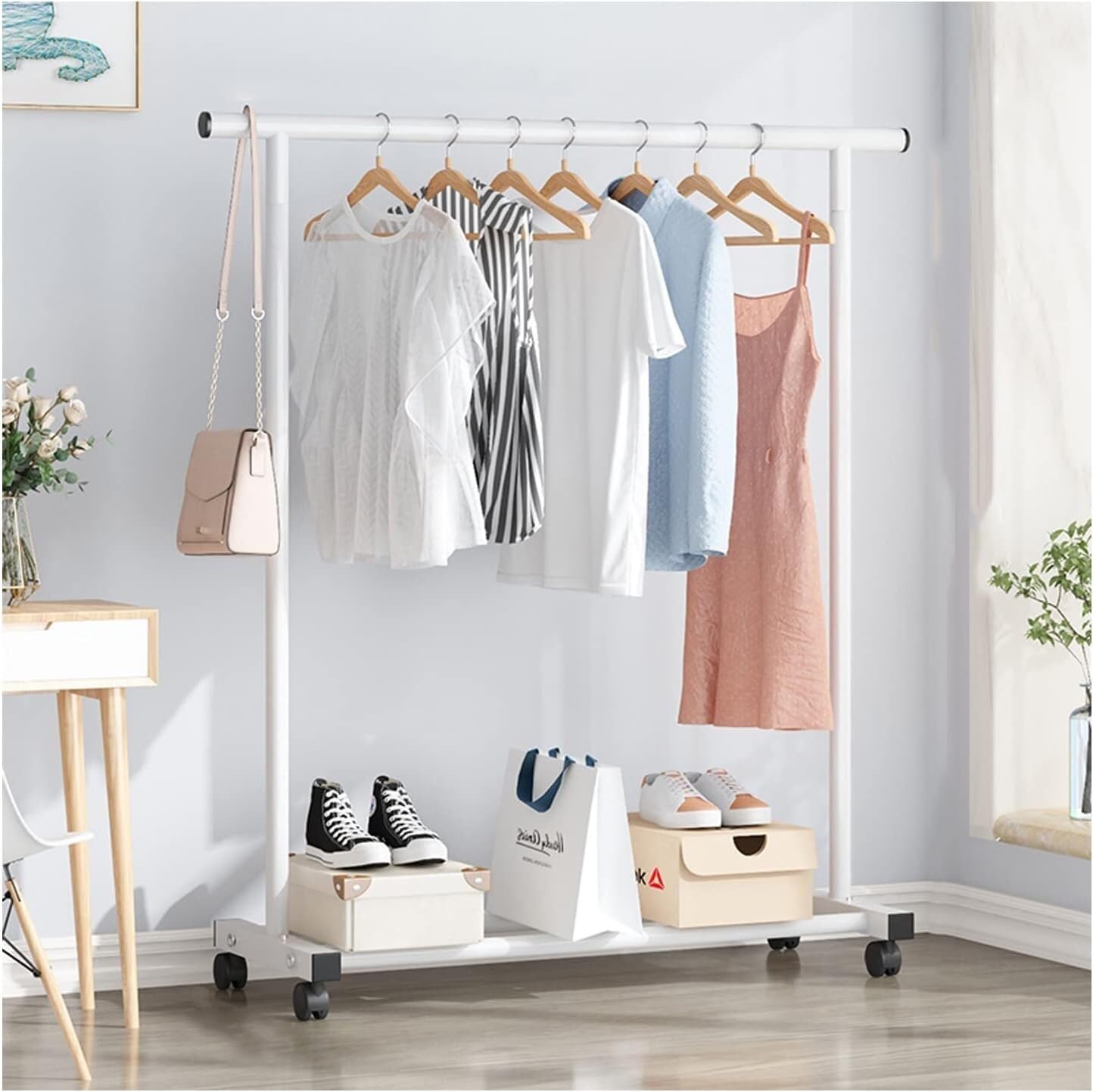 Garment Coat Rack Hanging Rail Clothes Stand On Wheels Portable Commercial Coat Organiser Hanging Rack White 150Cm