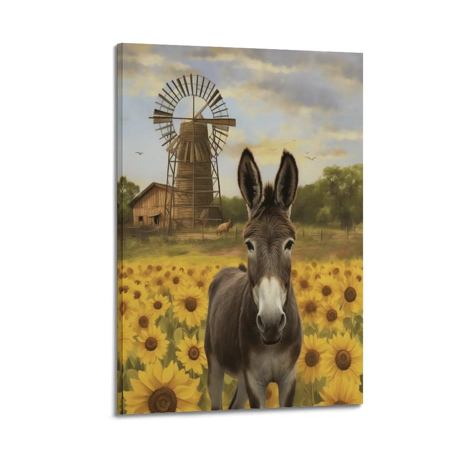 Lvalogy Animal Donkey With Windmill Sunflower Art Poster