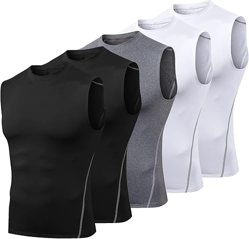 Odoland Paquete de 5 camisas de compresión sin mangas para hombre, camiseta sin mangas de capa base atlética de ajuste seco, camisetas deportivas