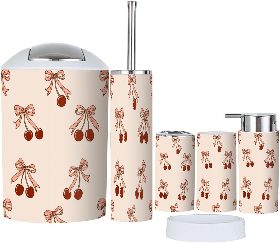 Bathroom Accessory Set 6 Piece Boho Vintage Seamless Cherry Ribbon Pink Bow Coquette Aesthetics Trash Can, Toothbrush Holder, Soap Dispenser, Soap Dish, Toothbrush Cup, Toilet Brush Holder