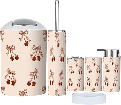 Juego de accesorios de baño, 6 piezas, bohemio, vintage, sin costuras, cinta de cereza, lazo rosa, coqueta, estética, soporte para cepillos de