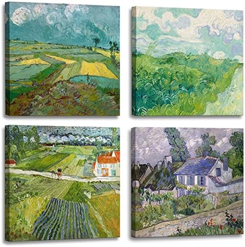 Landscape with a Carriage by Vincent Van Gogh Classic Oil Paintings Artwork, Green Wheat Fields, Houses at Auvers Canvas Wall Art Print for Living Room, Bedroom Office Bathroom Decor - 12"x12"