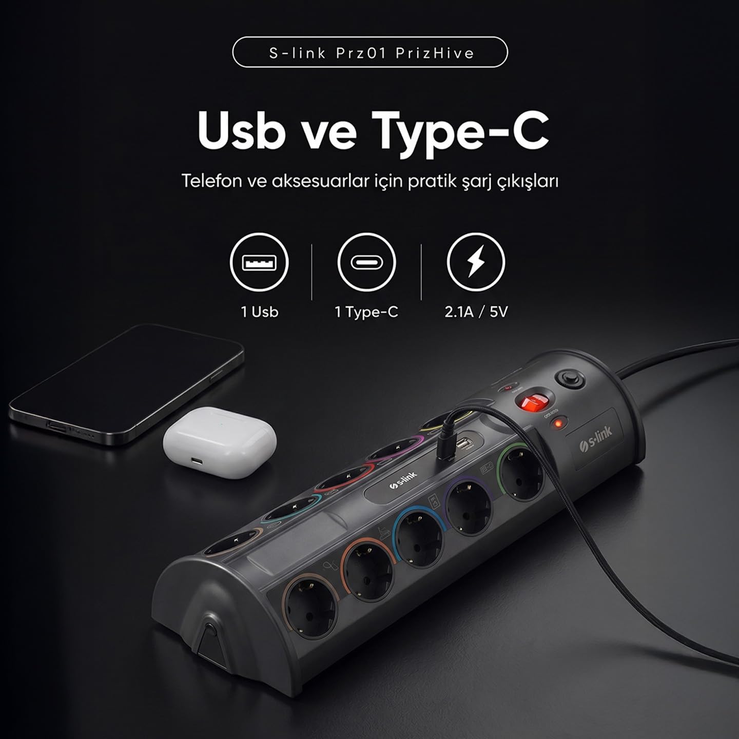 S-link PRZ01 PrizHive 3 Metre 1860 Joule 1.5mm 1 Usb 1 TypeC 2.1A/5V 16A 250V 3680W 10lu Akım Korumalı Priz