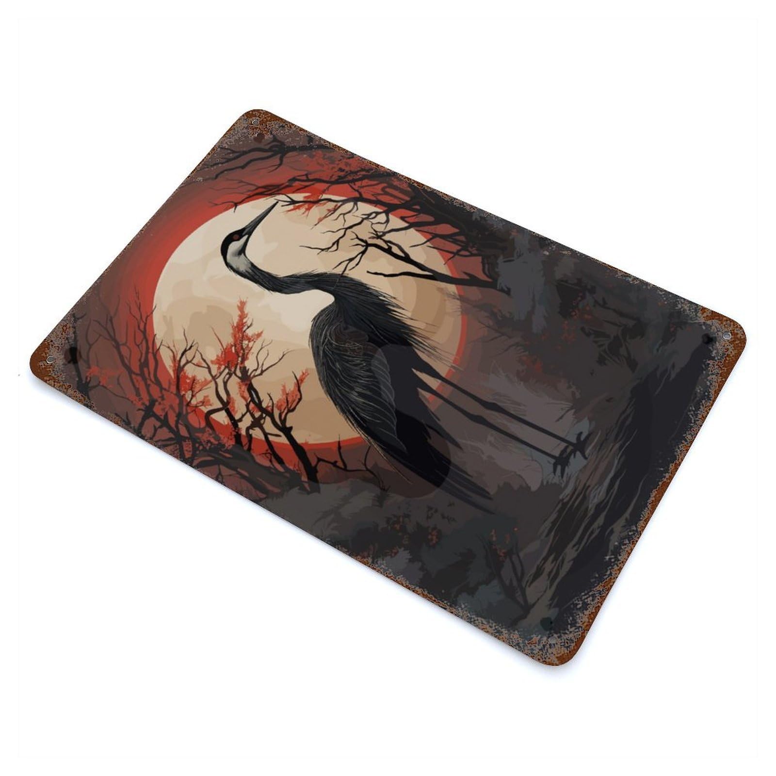 Rust Effect Red Moon And Black Stork Distressed Metal Wall Sign 11.8"x7.9", Decorative Metal Wall Art for Living Room, Hallway And Home Decor