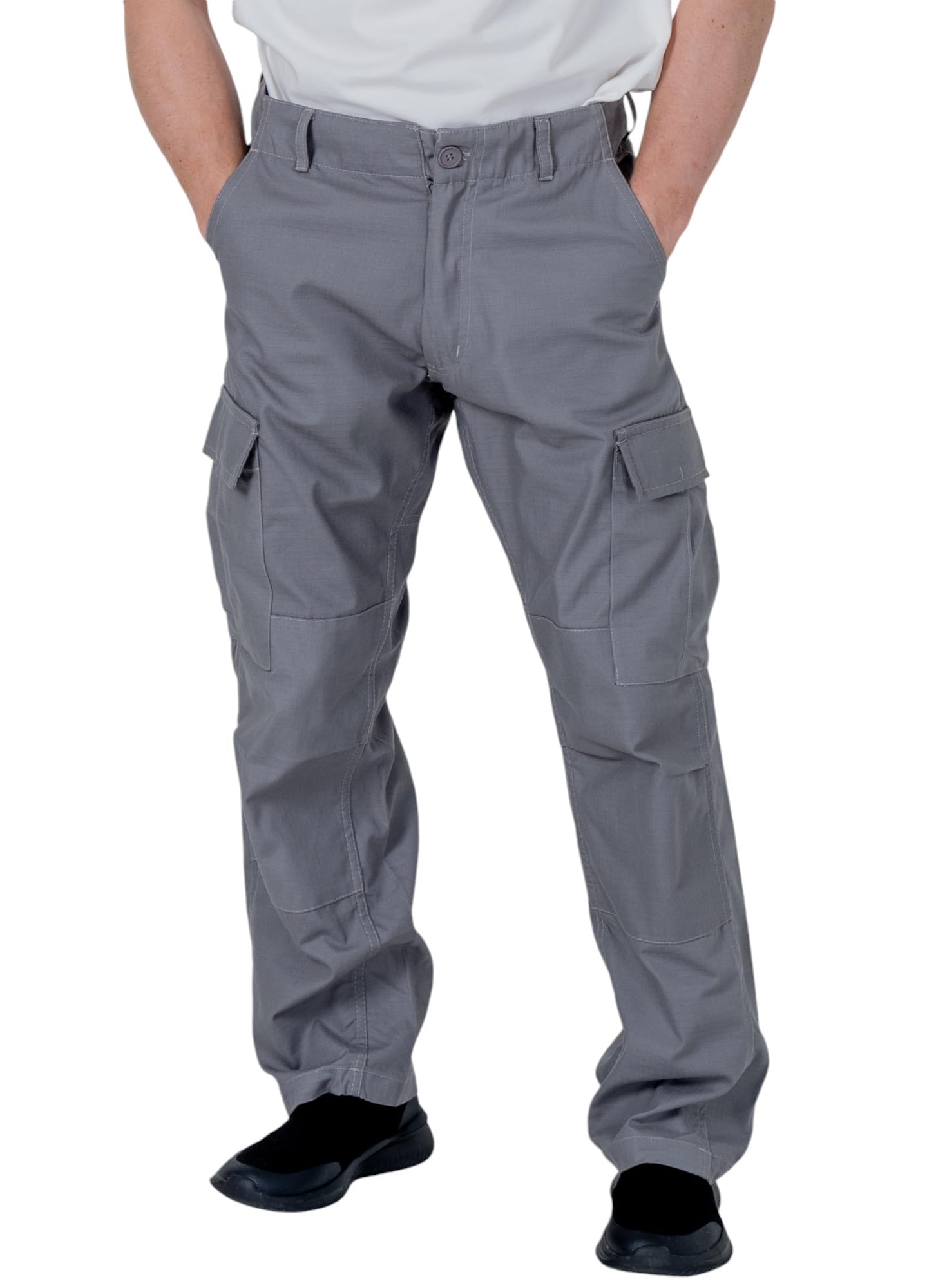 Hi-Fell Men's Ripstop Relaxed Fit Cargo Combat Trousers Hiking Walking Camping Work Outdoor Pants – Silver Grey 30W 32L