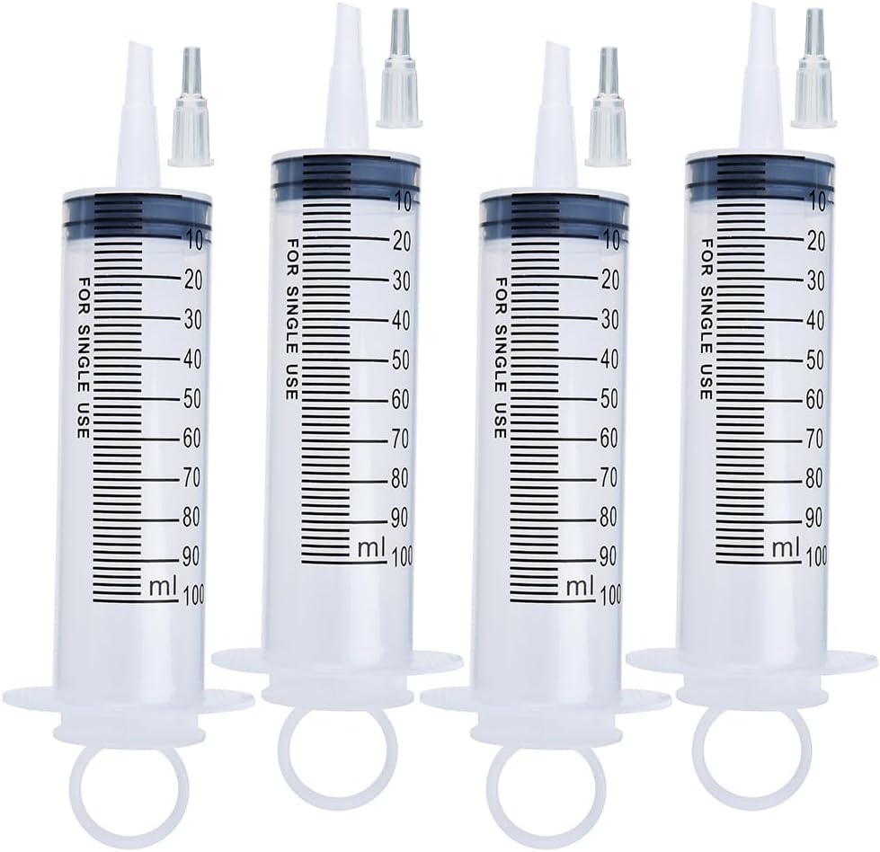 4 Pack 100ml Syringes, Large Plastic Garden Syringe Scientific Labs, Nutrient Measuring, Watering, Refilling