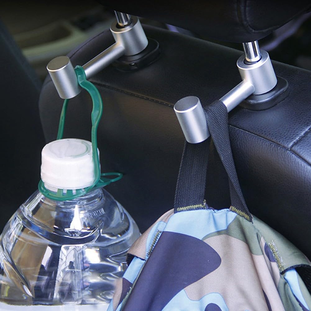 Crochet d'appui-tête de voiture en alliage d'aluminium, rotatif à 360° pour siège arrière, organiseur de sacs à main, parapluies, bouteilles d'eau, avec coins arrondis, noir