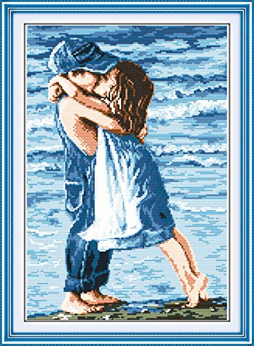 YEESAM ART Cross Stitch Stamped Kits for Adults Beginner, Romantic Kiss by The Sea 11CT 39×54cm DIY Embroidery Needlework Kit with Easy Funny Preprinted Patterns Needlepoint Christmas (Kiss)