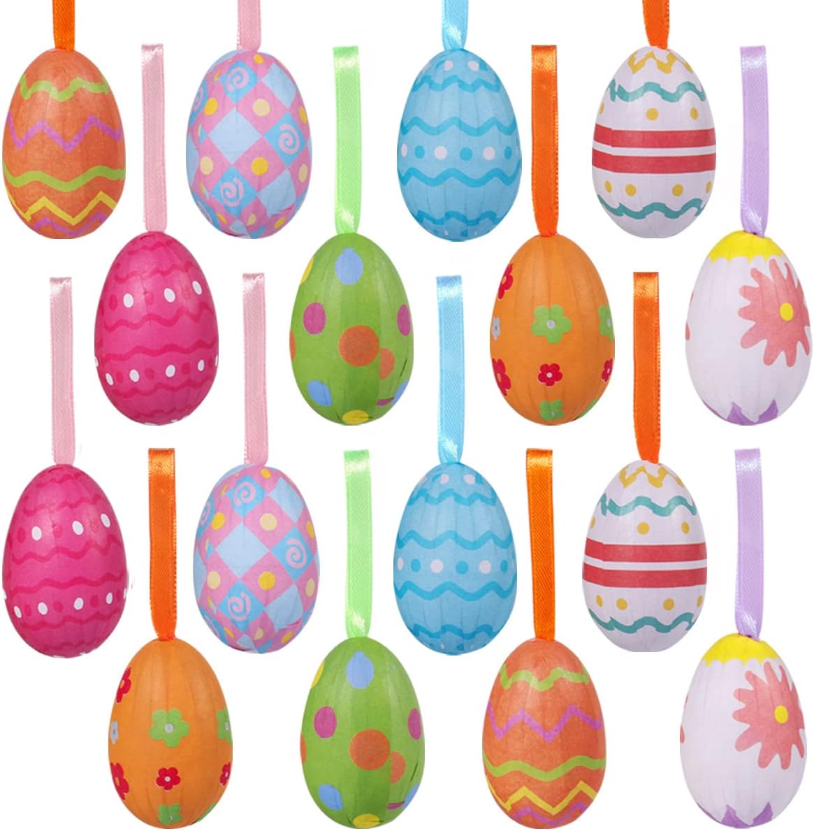 GameXcel16PCS Easter Hanging Eggs Decoration Easter Hanging Ornaments for Tree, Colorful Paper Mache Eggs Crafts Handmade Foam Egg for Easter Party Favors Supplies Home Decor