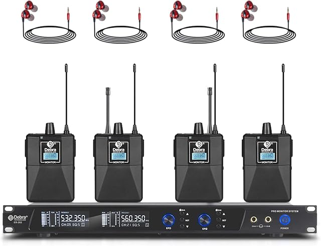 D Debra Audio PRO ER-202 UHF Dual Channel Wireless In Ear Monitor System With Transmitter and Receiver for Stage, Recording Studio, Musicians, Monitoring (4 Bodypack with Transmitter)