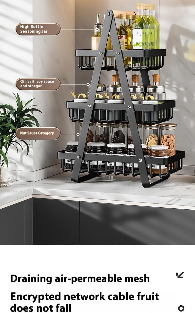 3-Tier Metal Fruit Basket Stand, White Kitchen Storage Organizer with Wooden Handle, Countertop Display Rack