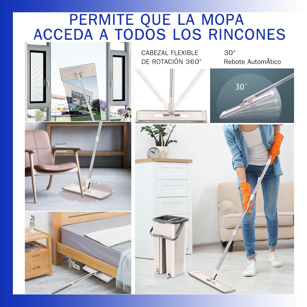 Mopa para Limpiar Azulejos y Paredes Mopa Fregona con Cubo Escurridor Fregona Autoescurrible Mopas de Limpieza Suelos Mop Bucket Set 6 Almohadillas Microfibra Gamuza Trapeador (Beis)