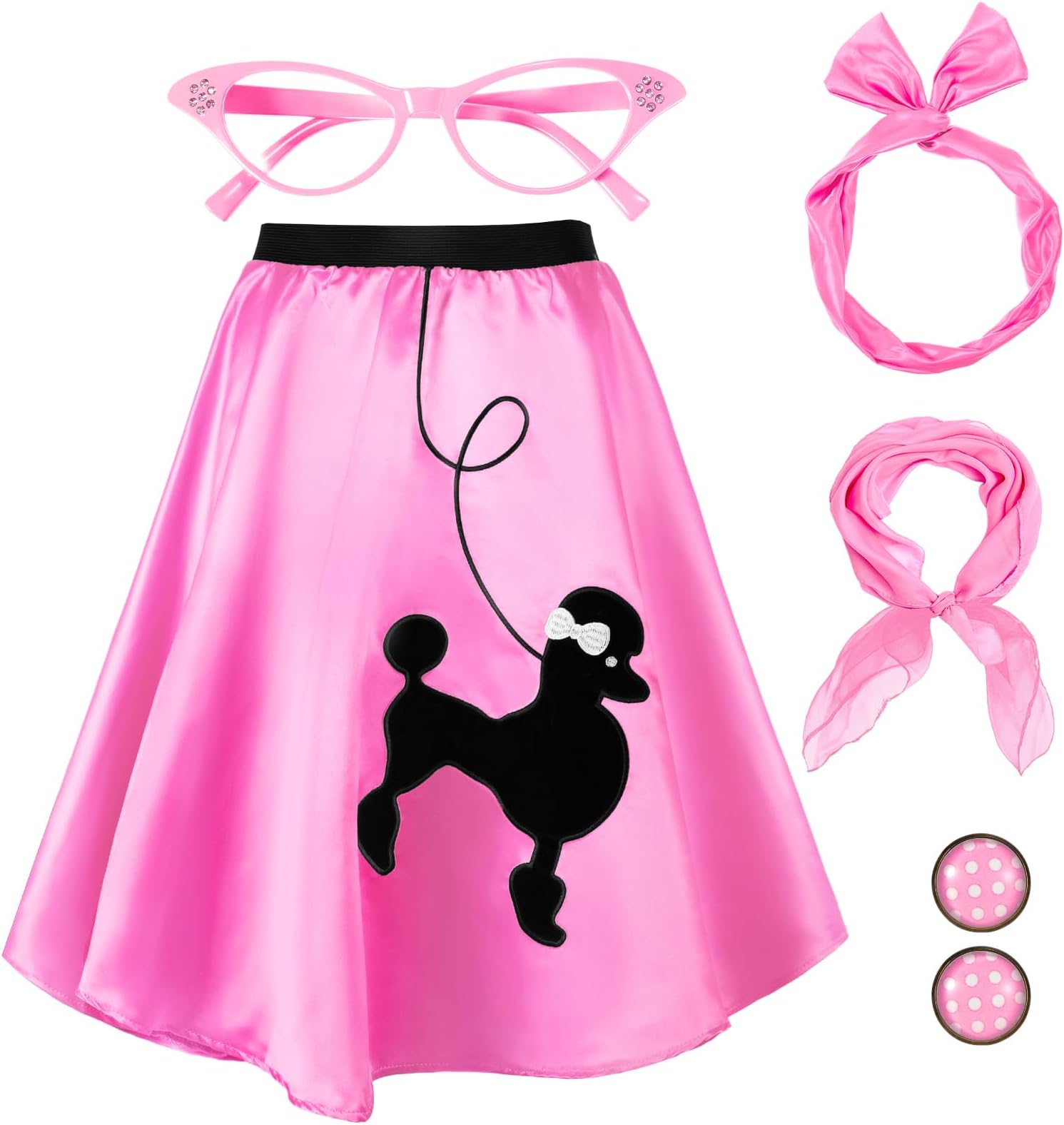 Hicarer 5 Pcs 50s Women Outfit 1950 Poodle Skirt Sock Hop Costume Accessory Halloween Scarf Glasses Bandana Headband Earring