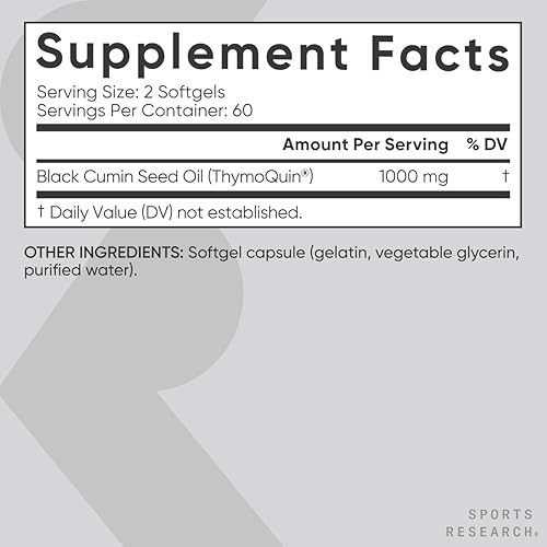 Miniatura 6 de Sports Research Aceite de semilla negra de 1000 mg  Aceite de nigella sativa prensado en frío con 3% de timoquinona  Suplemento sin OMG, sin gluten,