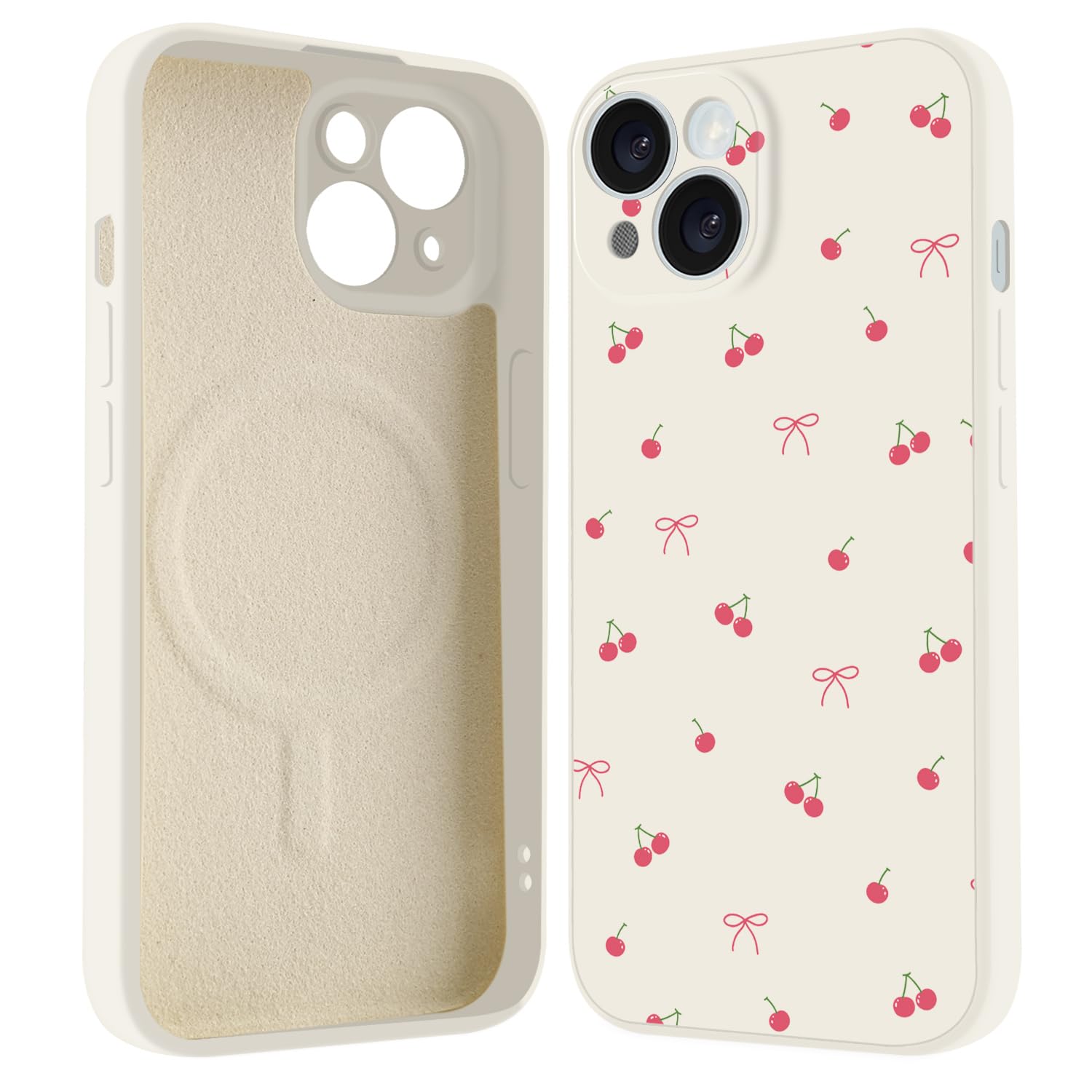 LuminousGuard for iPhone 14 Case, Compatible with MagSafe, Cute Kawaii Cherry Bow Magnetic Phone Case, White Liquid Silicone Soft Slim Fit Protective