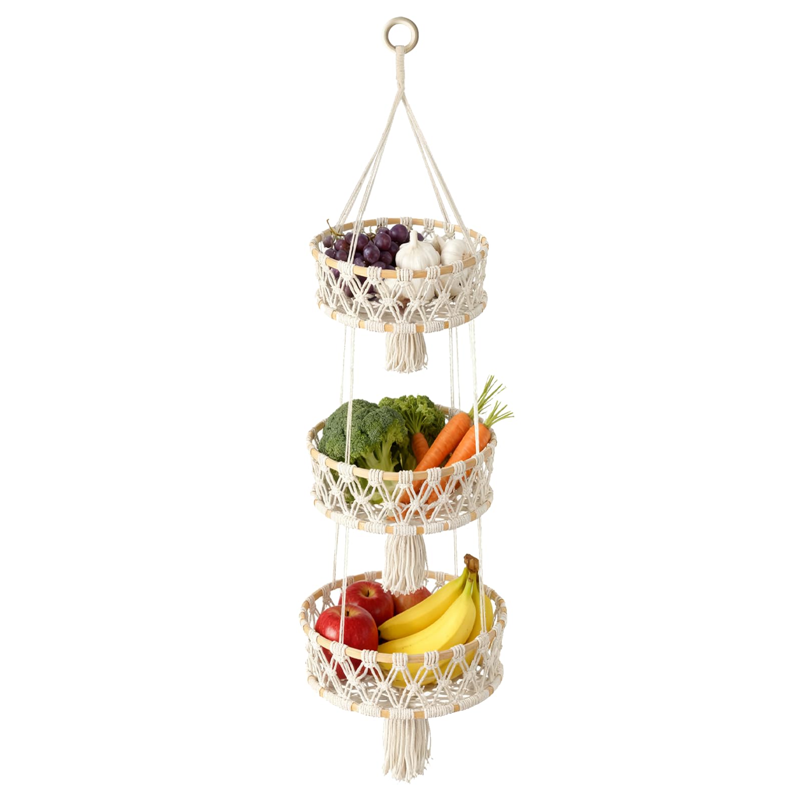 MuuXii 3 Tier Hanging Fruit Basket, Macrame Hanging Basket for Fruit and Vegetable Storage, Cotton Rope Woven Baskets, Boho Wall Baskets Organizing Hanging Plant Holder for Indoor Kitchen Decor