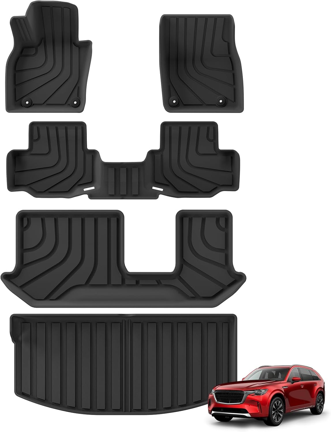 SMABEE Floor Mats & Cargo Liner for 2024 2025 2026 Mazda CX-90 CX90 8 Seater Trunk Mat TPE All Weather Floor Liners Accessories Interior Black