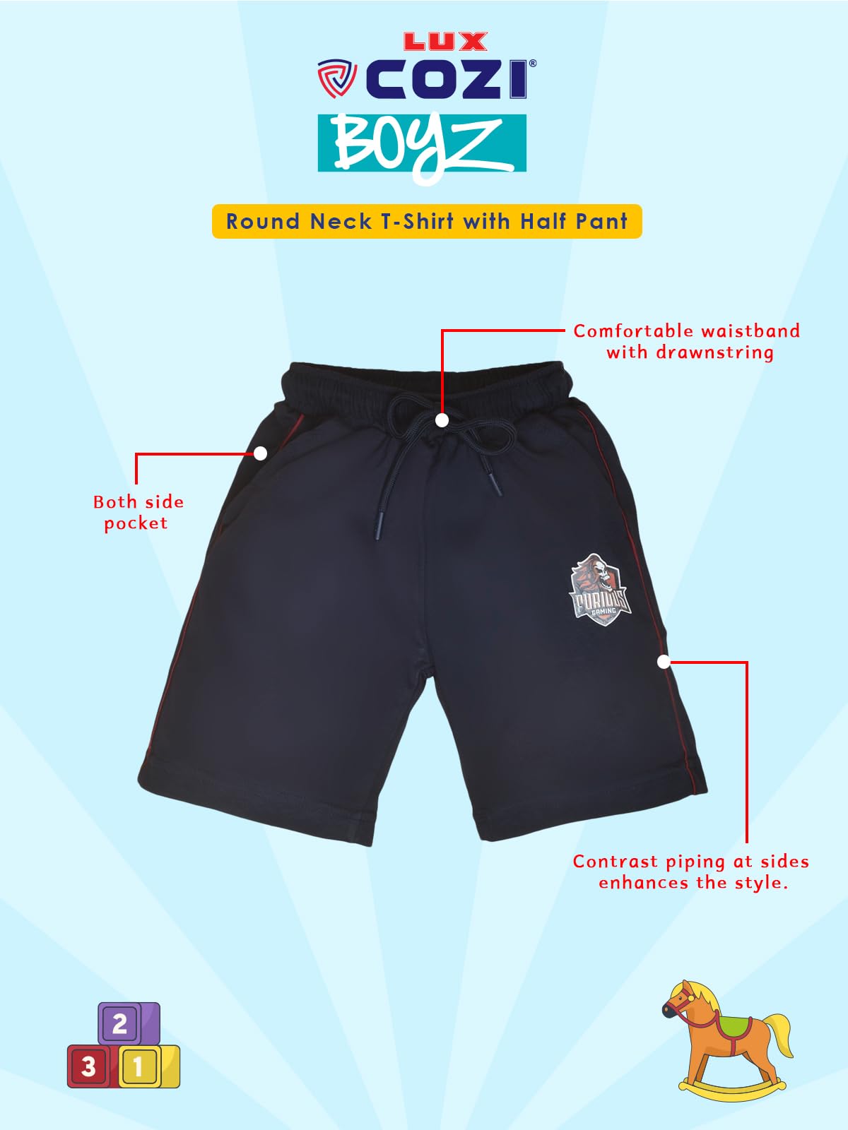Lux Cozi Set ragazzo in puro cotone, girocollo, mezza manica, maglietta e pantaloni corti, set di maglietta e pantaloncini per ragazzi, le stampe possono variare