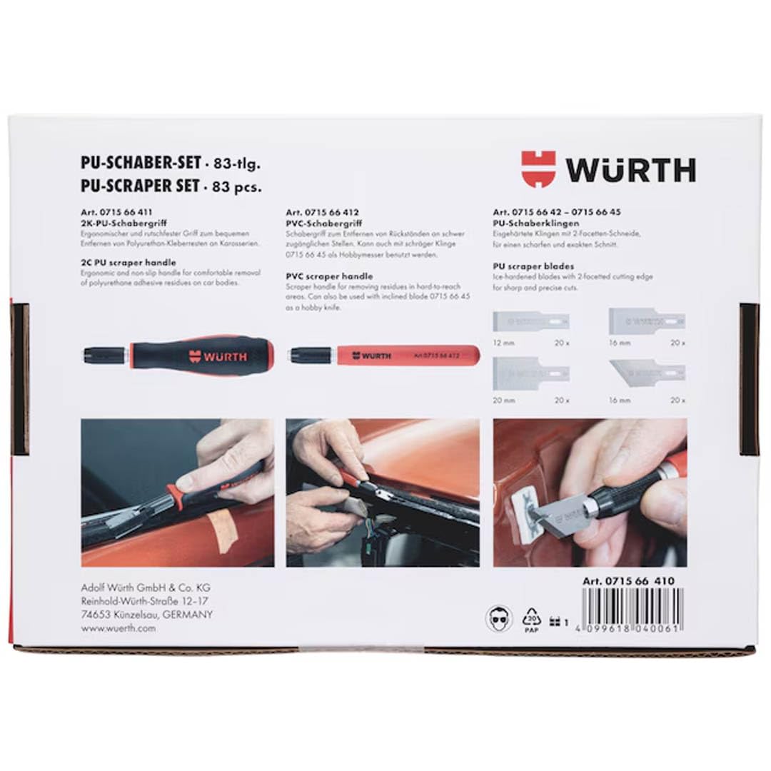 Würth PU-Schaber Set 83 Teile Hochwertiges Schaber-Set zum Entfernen von Kleberesten 071566410 mit 2 PU Schabergriffen, 80 Klingen im ORSY Systemkoffer 4.2.1