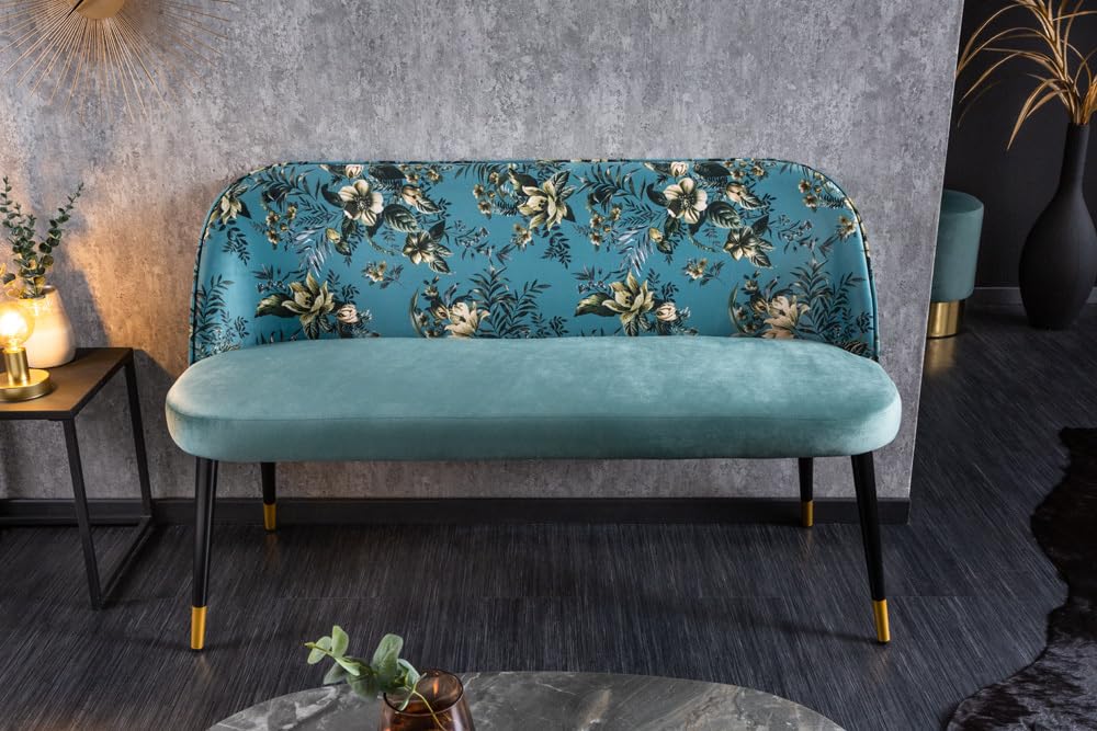 Riess Ambiente Design Bank PRÊT-À-Porter türkis Samt florales Muster und goldene Fußkappen