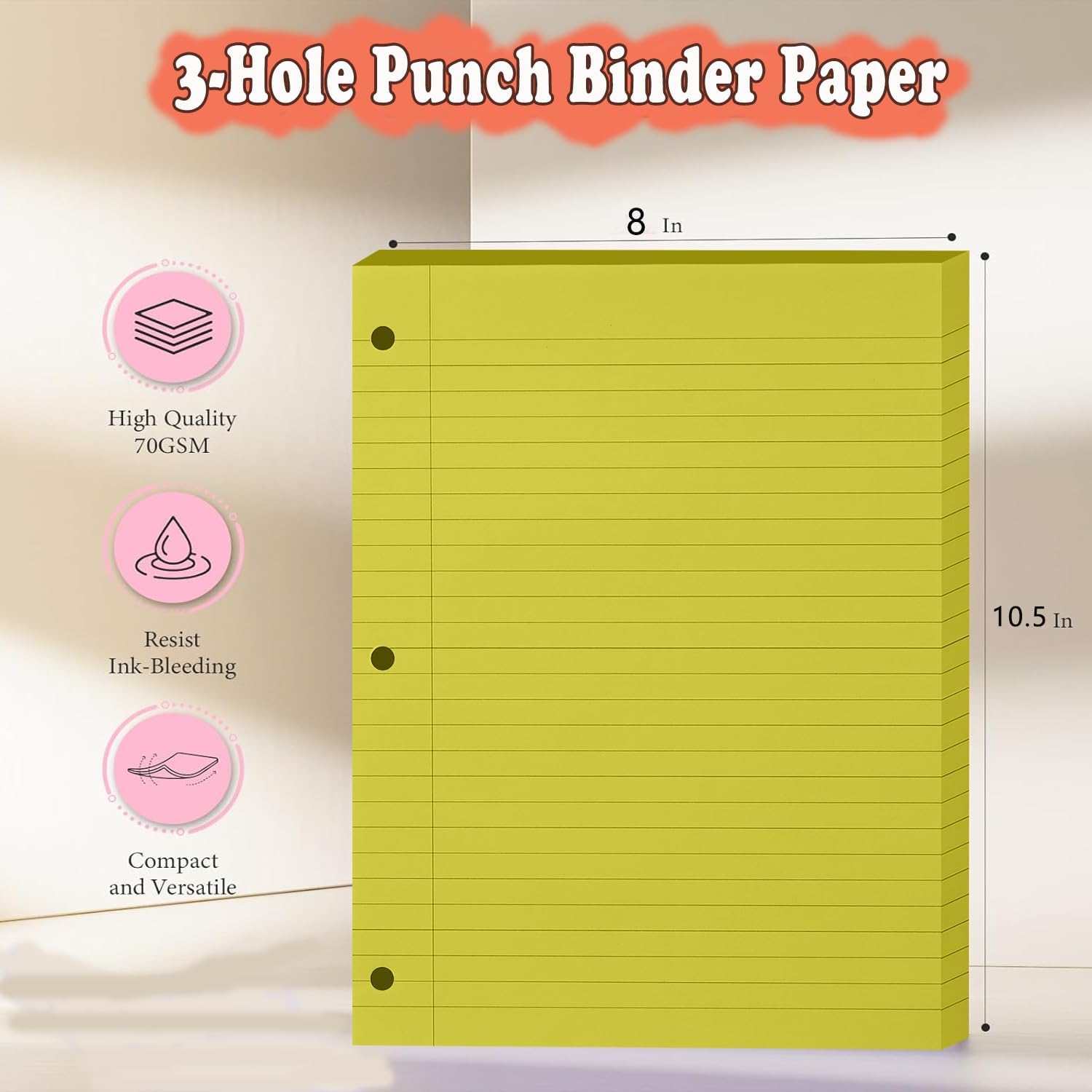 Loose Leaf Paper, 300 Sheets, Wide Ruled, 8" x 10.5", 6 Pack, 70gsm Notebook Paper Filler Sheets, 3 Hole Punched, 50 Sheets/Pack, Wide Ruled Office Filler Writing Notepads for 3 Ring Binder, Yellow image 5