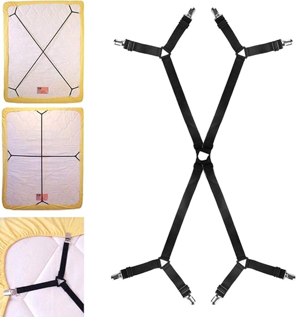 Librao Adjustable Bed Sheet Fasteners Suspenders Mattress Strong Clip Grippers Elastic Holder 8clips Fitted Matress Gripper Criss Cross Bed Sheet Clips, Black, Small