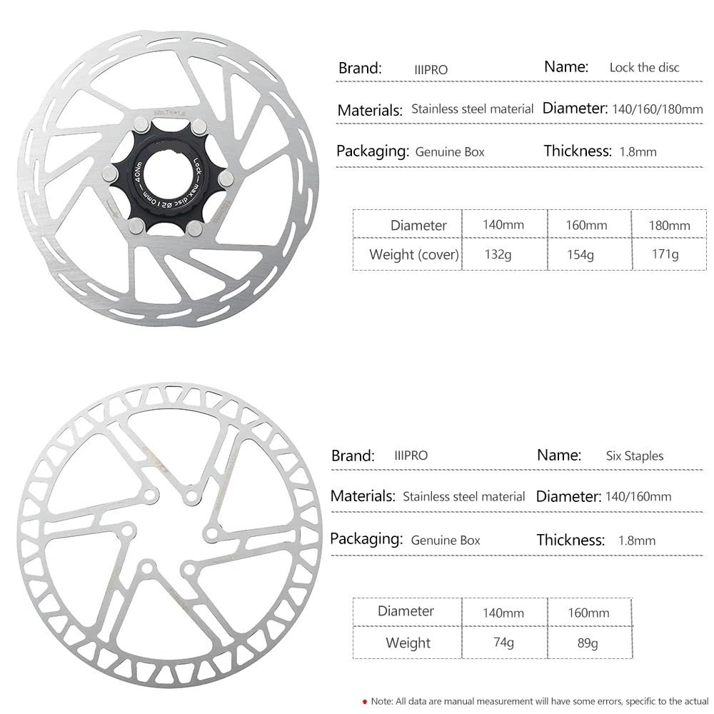 Disque de Frein VTT Frein à Disque, Disque de frein Center Lock et 6 boulons robuste 140 mm, 160 mm, 180 mm, pour VTT/route(Center Lock 140mm)