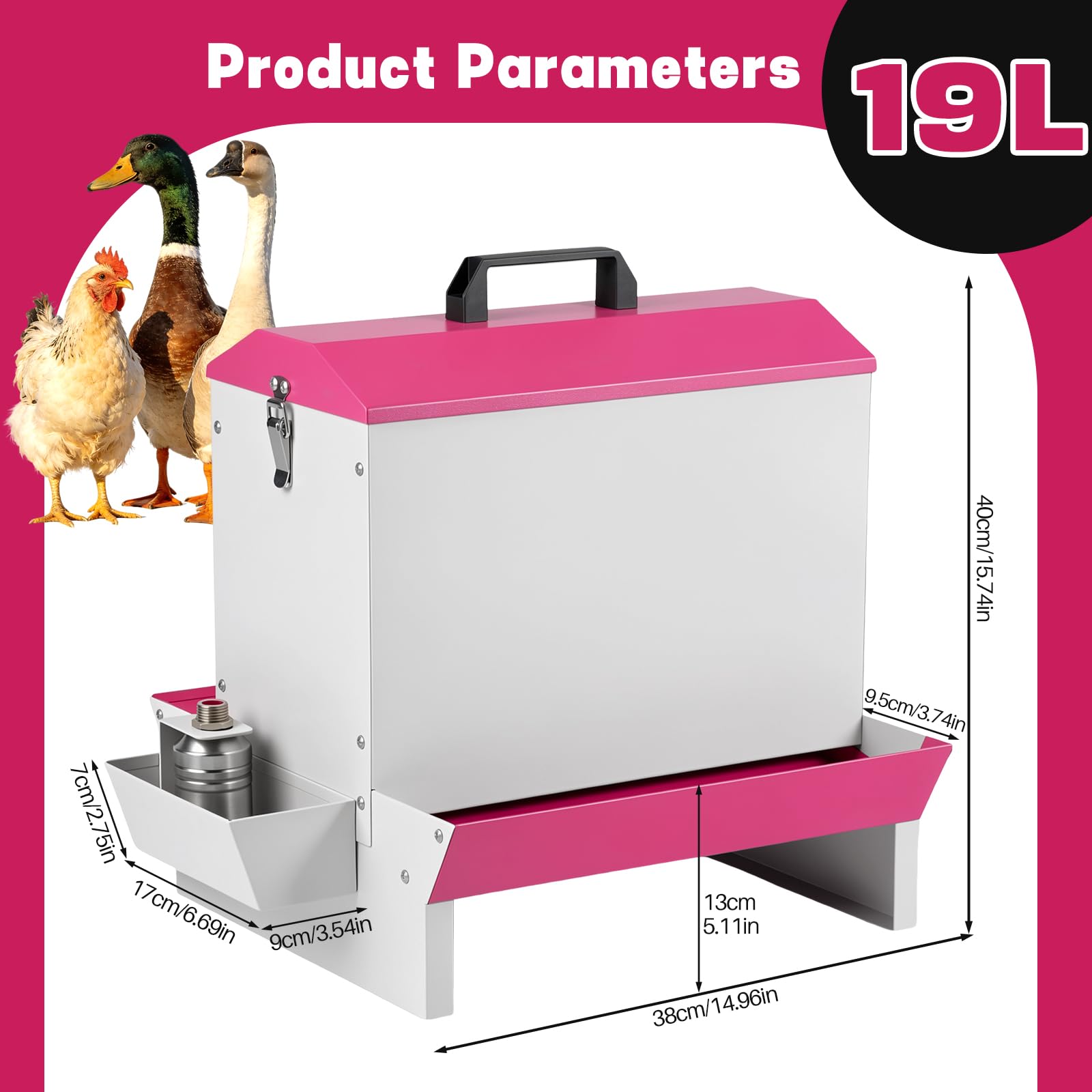 Alimentador automático 2 en 1 para aves de corral, comedero de metal por gravedad con bebedero, bandeja de alimentación de doble cara para pollos, patos, gansos, portátil con mango y candado