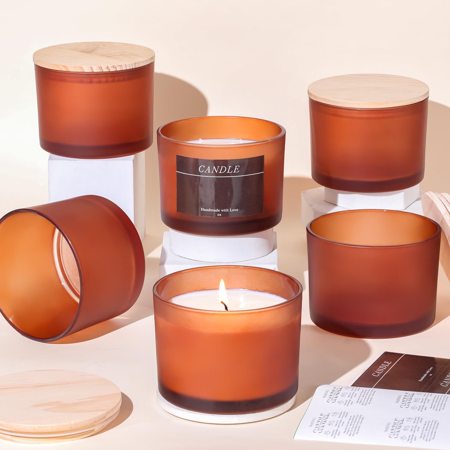 LAMORGIFT 6 Pack 16 oz Amber Glass Candle Jars, Large Candles Jars for Making Candles, Frosted Candle Containers Vessels Bulk with Lids and Labels for DIY/Home Decor/Holiday Gift Crafting