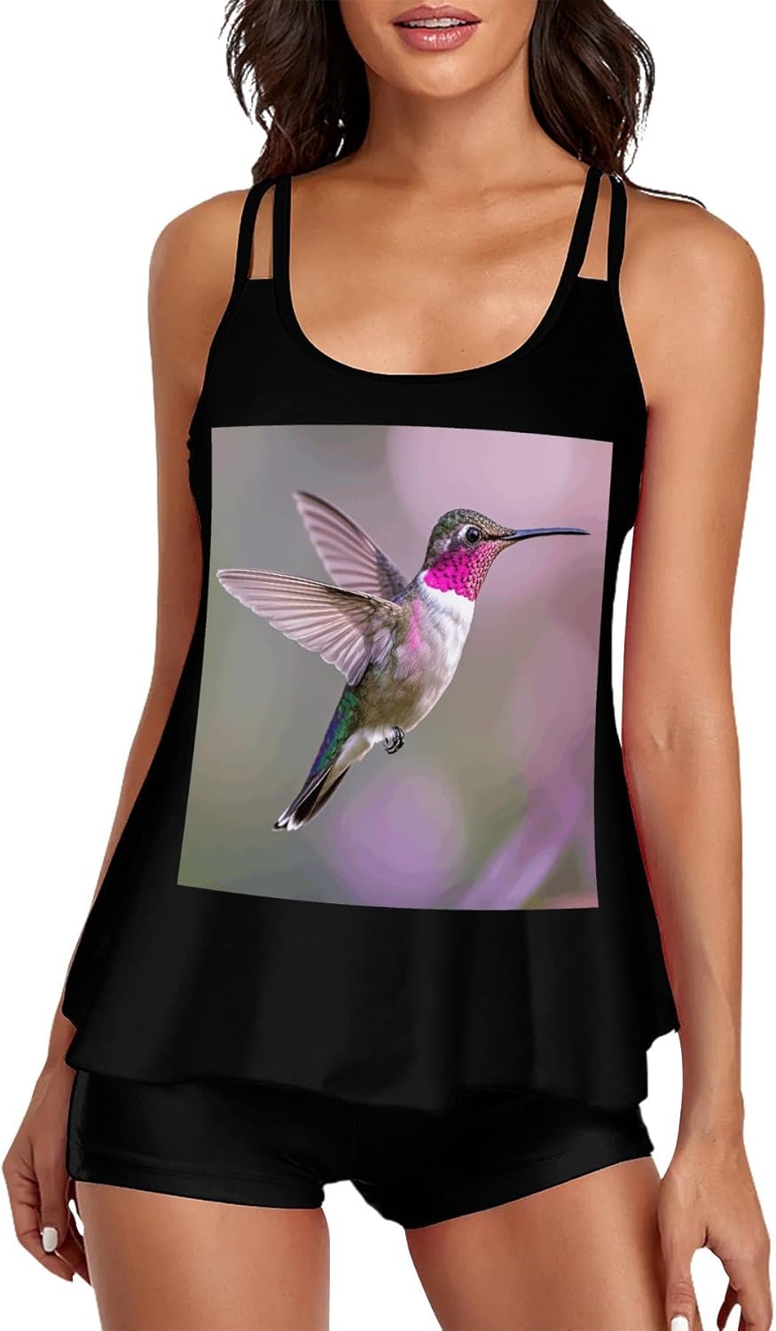 Humming Birds Tankini Swimsuits for Women Tummy Control Two Piece Bathing Suits Swim Tops with Boy Shorts