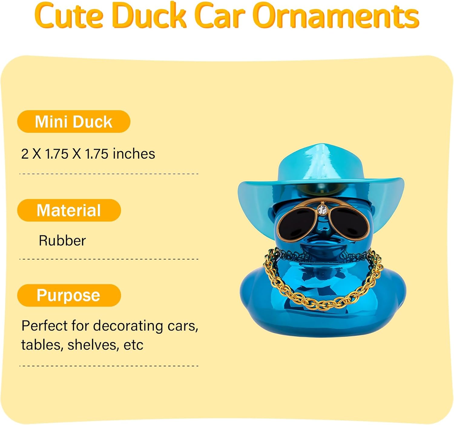 wonuu Car Dashboard Decoration Metallic Cowboy Duck, Shiny Ducky Car Accessories Ornament with Cowboy Hat, Sunglasses, Gold Chain (Blue)