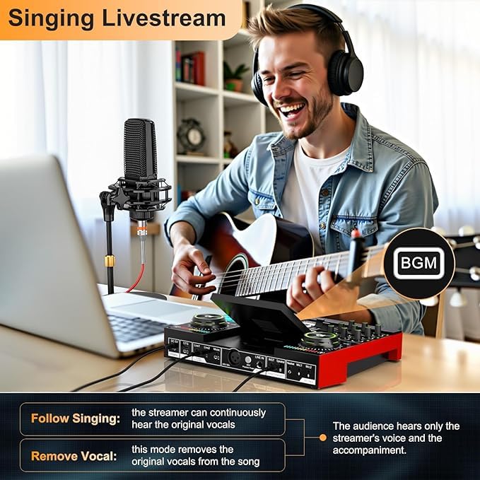 Image of Podcast Equipment Bundle Audio Mixer with Studio Condenser Microphone, Live Sound Card Audio Mixer Interface, Sound Board, Sound Card with Voice Changer Denoise for PC Recording Gaming Podcasting