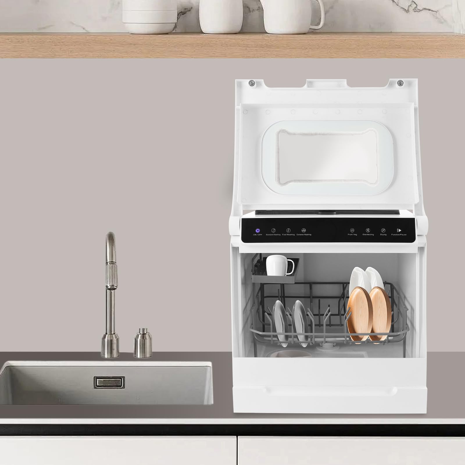 Mesa compacta para lavavajillas, eficiente energéticamente y silenciosa, 52 dB, 6 programas, incluye desinfección y secado, para cocina, autocaravana, apartamento, 46 cm, color blanco