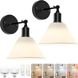 Black Recharge Battery Operated Wall Sconces Set of Two with Remote | Wireless Dimmable Led Wall Lamp with RGB Magnetic Light Bulbs, Cordless Battery Powered Light Fixture for Bedroom Living Room