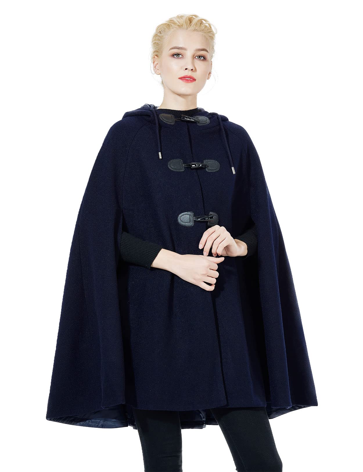 BEAUTELICATE Abrigo de Capa Mujer Chaqueta Encapuchado de Mezcla de Lana Poncho Largo con Botones de Cuerno Moda para Invierno Otoño