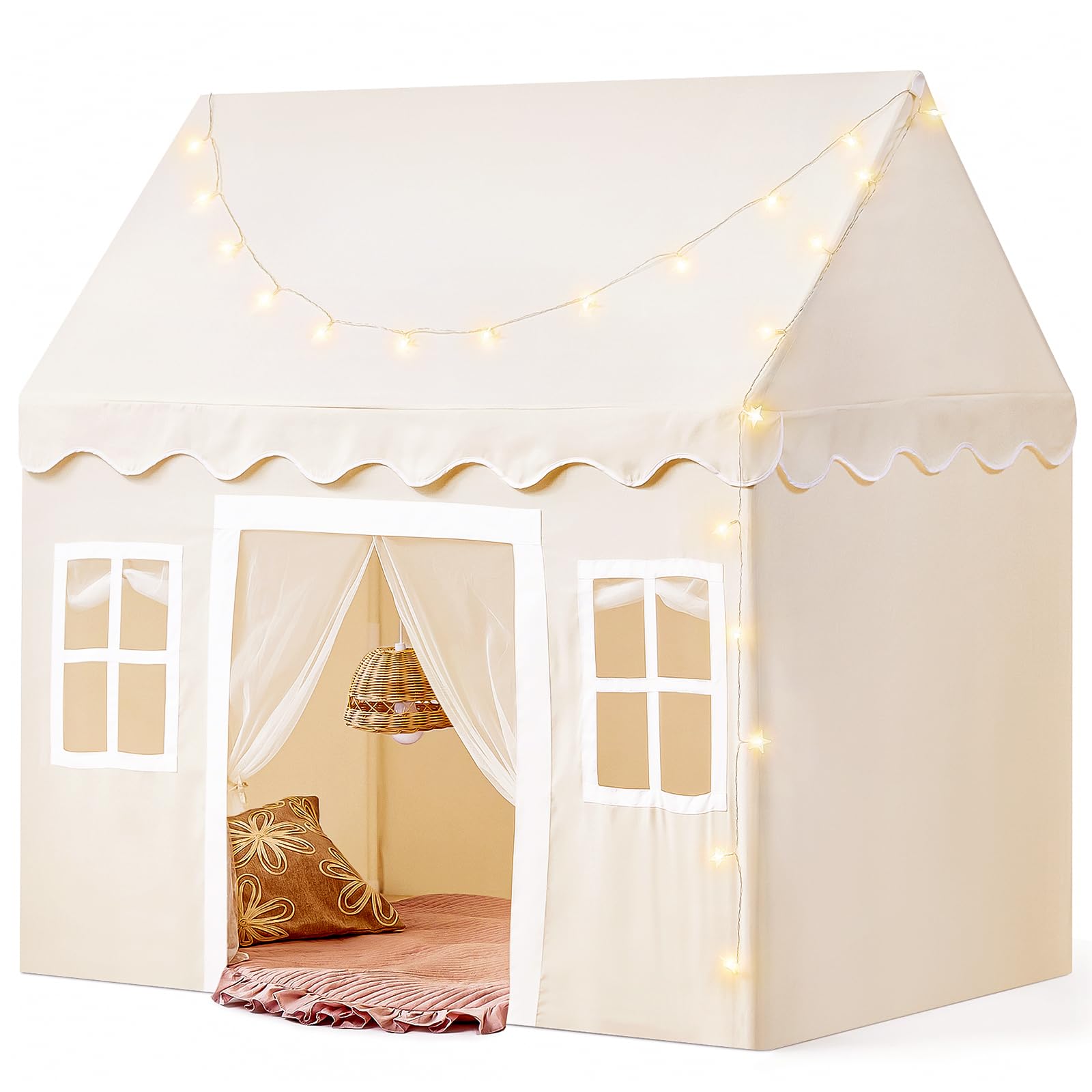 Tiny Land Play Tent With Mat And Lights, Kids Tent Indoor/Outdoor, Kids Play Tent With Windows, 52" X35" X 53", Large Toddler Tent For Kids Aged 3+, Kids Room Furniture, Off White, Playhouse Theme