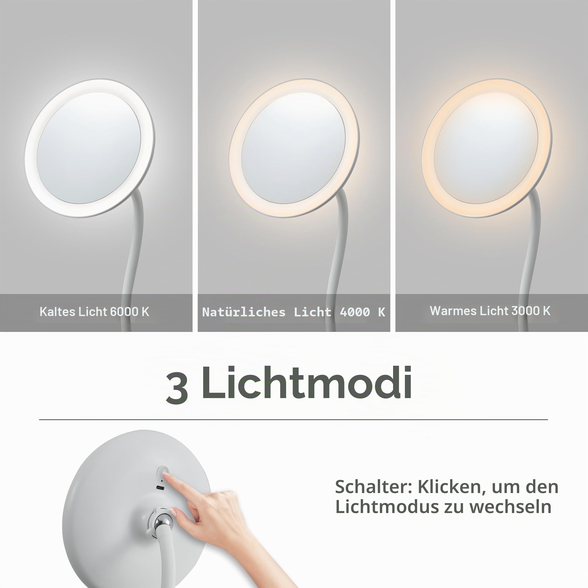 YNGTUOE 16,5 cm beleuchteter Clip-On-Schminkspiegel, Schwanenhals-Reisespiegel, 5-fache Vergrößerung, USB-Lade-Rasierspiegel für den Schreibtisch (weiß, 5-Fach)