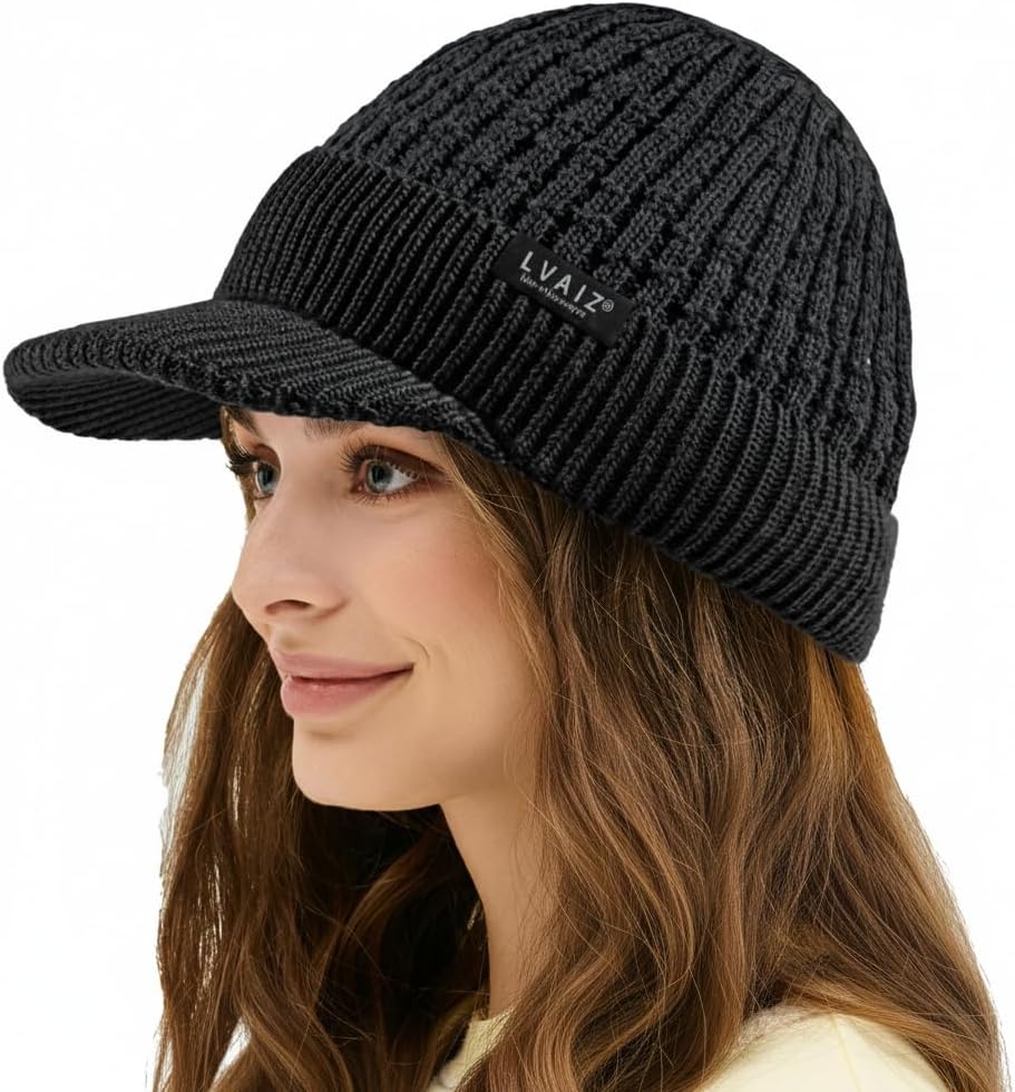 Lvaiz Womens Satin Lined Winter Beanie Hat with Brim Visor Warm Knit Cuffed Skull Baseball Cap Silk Lining Hat for Men