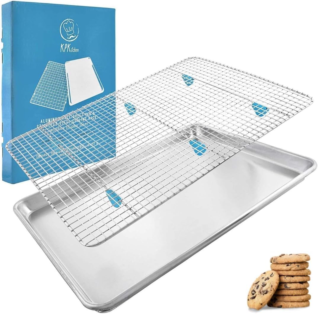Baking Sheet with Wire Rack Set - Exclusive Silicone Feet Prevent Scratches - Bacon Rack for Oven Pan - Aluminum Half Sheet Pans for Cooking with Stainless Steel Wire Baking Rack for Oven Cooking Rack