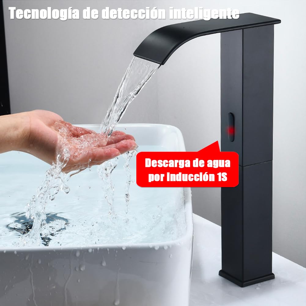 Grifo automático con sensor de infrarrojos, 31 cm de alto, sin contacto, cascada y válvula de temperatura ajustable para cocina y baño (negro)