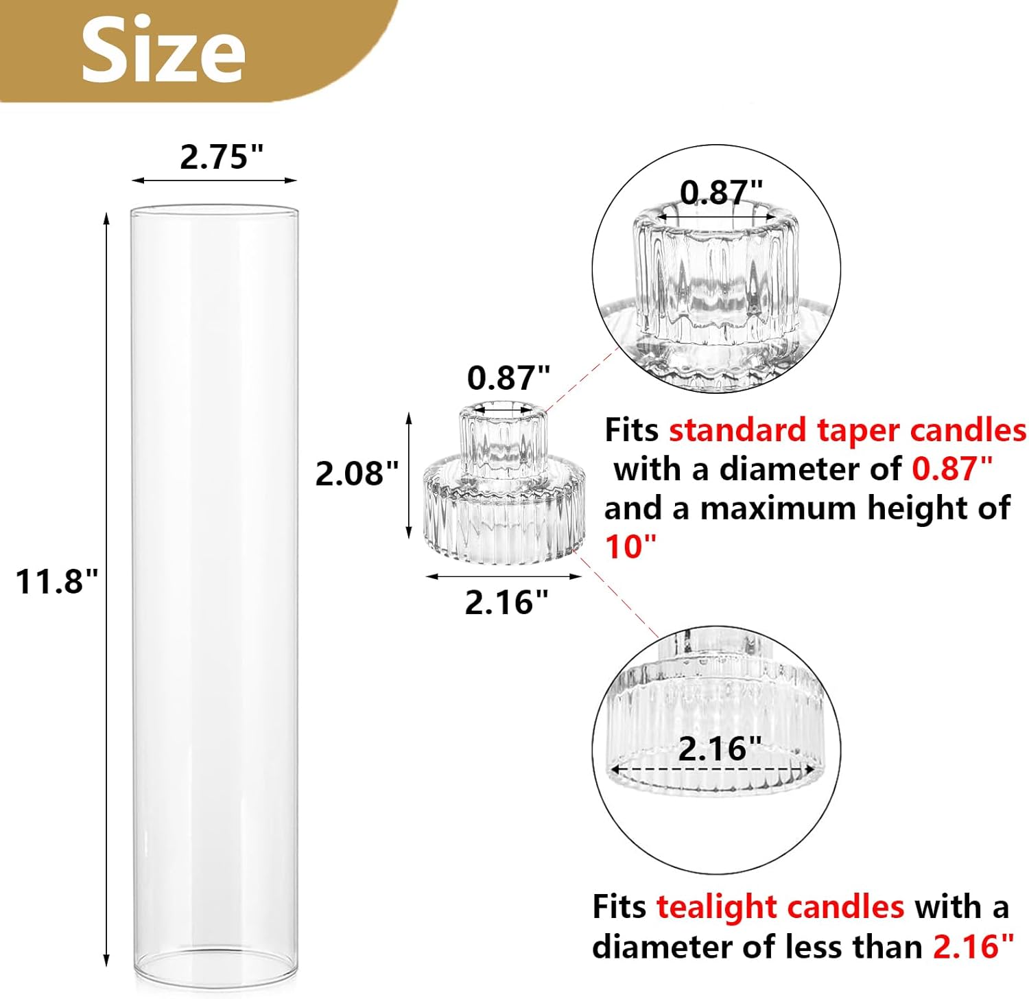 Hurricane Taper Candle Holders - Set of 6 Clear Glass Tapered Candlesticks with Covers, 11.8 inch Tall Fluted Candle Stick Holder Bulk, Ribbed Centerpieces for Wedding Christmas Table Decor - Image 2