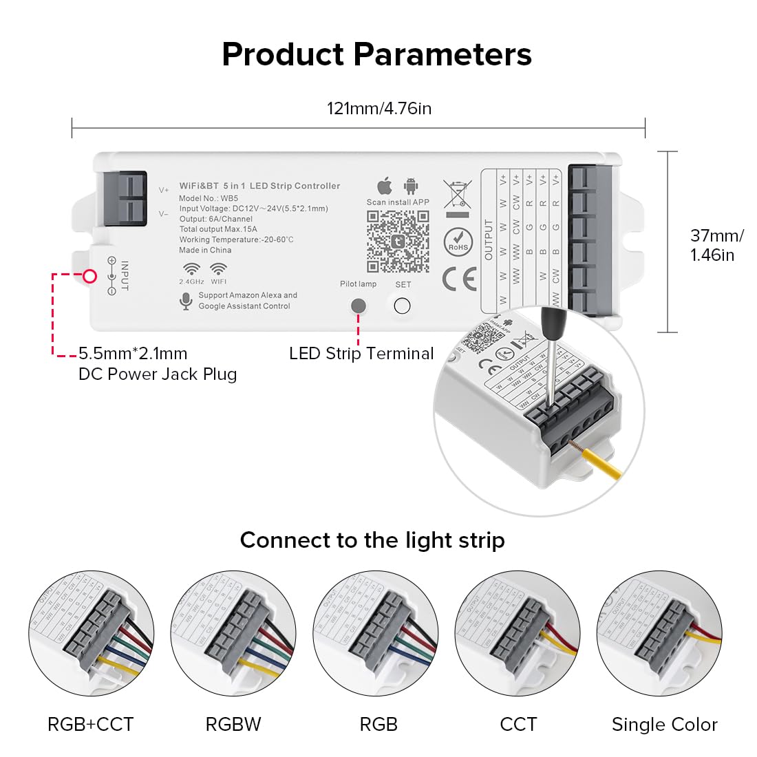 BTF-LIGHTING 5 In 1 WB5 2,4 GHz WiFi Controller Kompatibel Mit Alexa