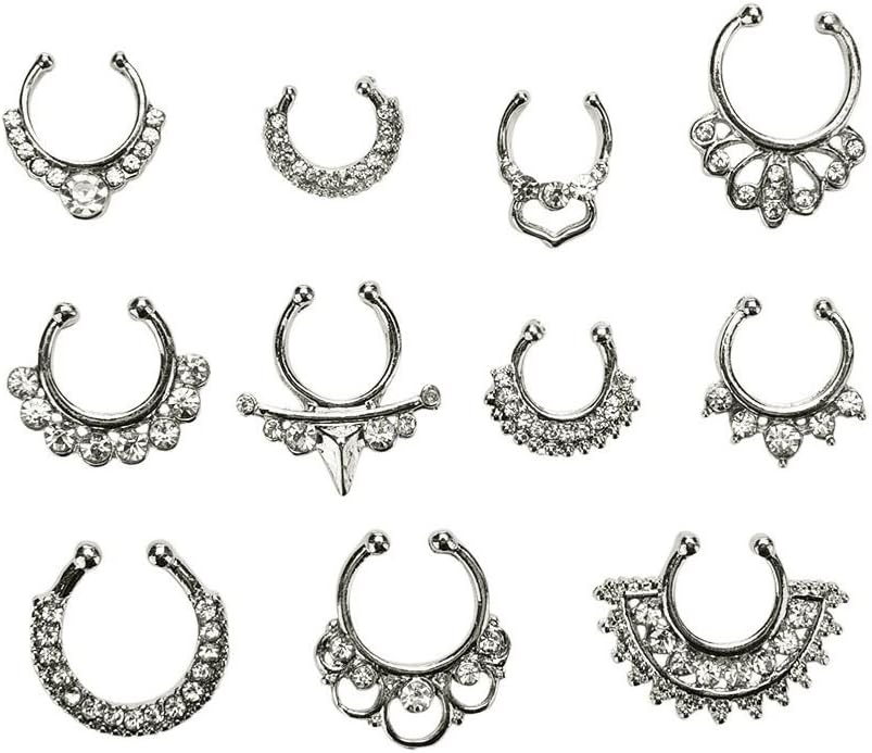 Maggie 11Pcs Fake Septum Clicker Nose Ring Rhinestone Non Piercing Hanger Clip Body Jewelry