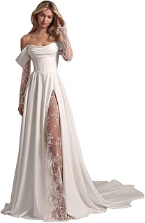 Off The Shoulder Satin Wedding Dress Lace Long Sleeve Wedding Dress for Bride Bridal Gowns with Slit - Buy now